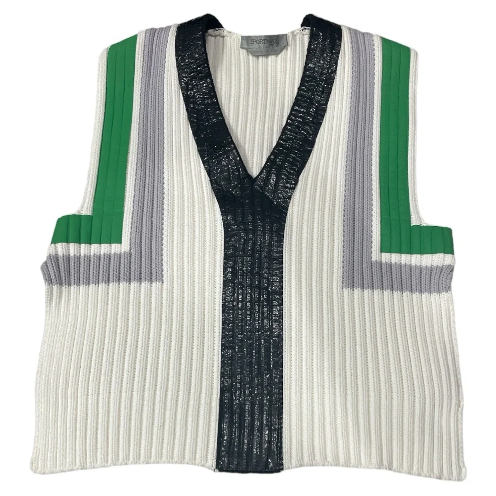 Sportmax White V-Neck Ribbed Sweater Vest with Green and Black Accents - Picture 8 of 9